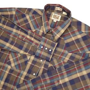 Ely Cattleman Shirt Mens XL Tall Brown Plaid Western Pearl Snap Long Sleeve